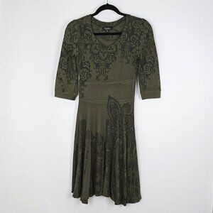 Papillon Women's Fit & Flare Dress Fatigue Green Paisley Knit Crew Neck Size S